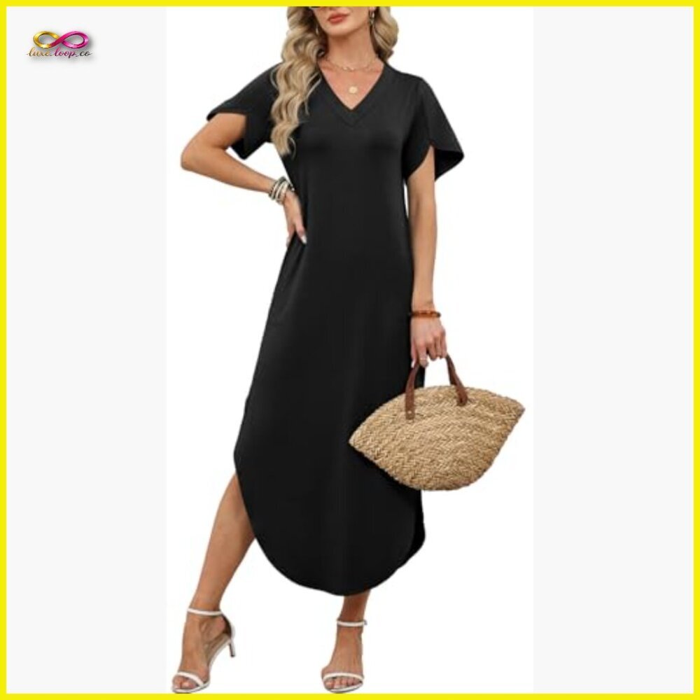 Summer Maxi Dress V-Neck Side Slit Pockets Casual Boho Chic Loose Fit - Picture 2 of 7